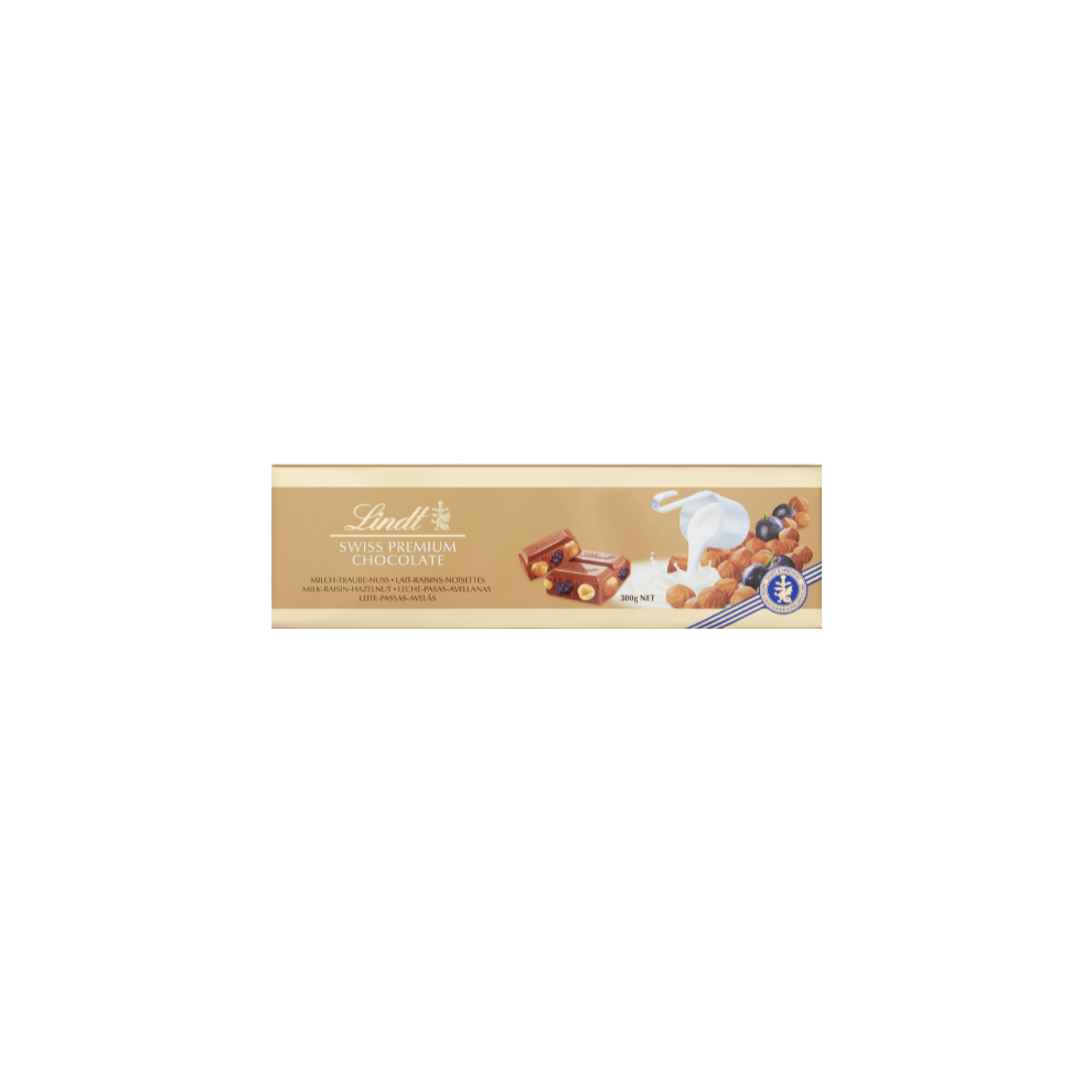 Lindt Milk, Raisin & Hazelnut Bar 300G (Pack Of 10) Gold