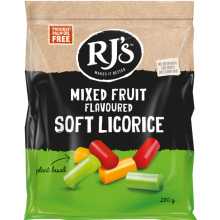RJ'S Mixed Fruit Flavoured Soft Licorice - Bag 280g (Pack of 12)