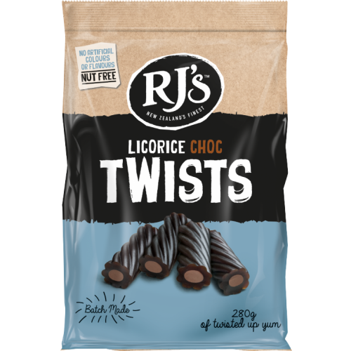 RJ'S Licorice Choc Twists 280g (Pack of 12)