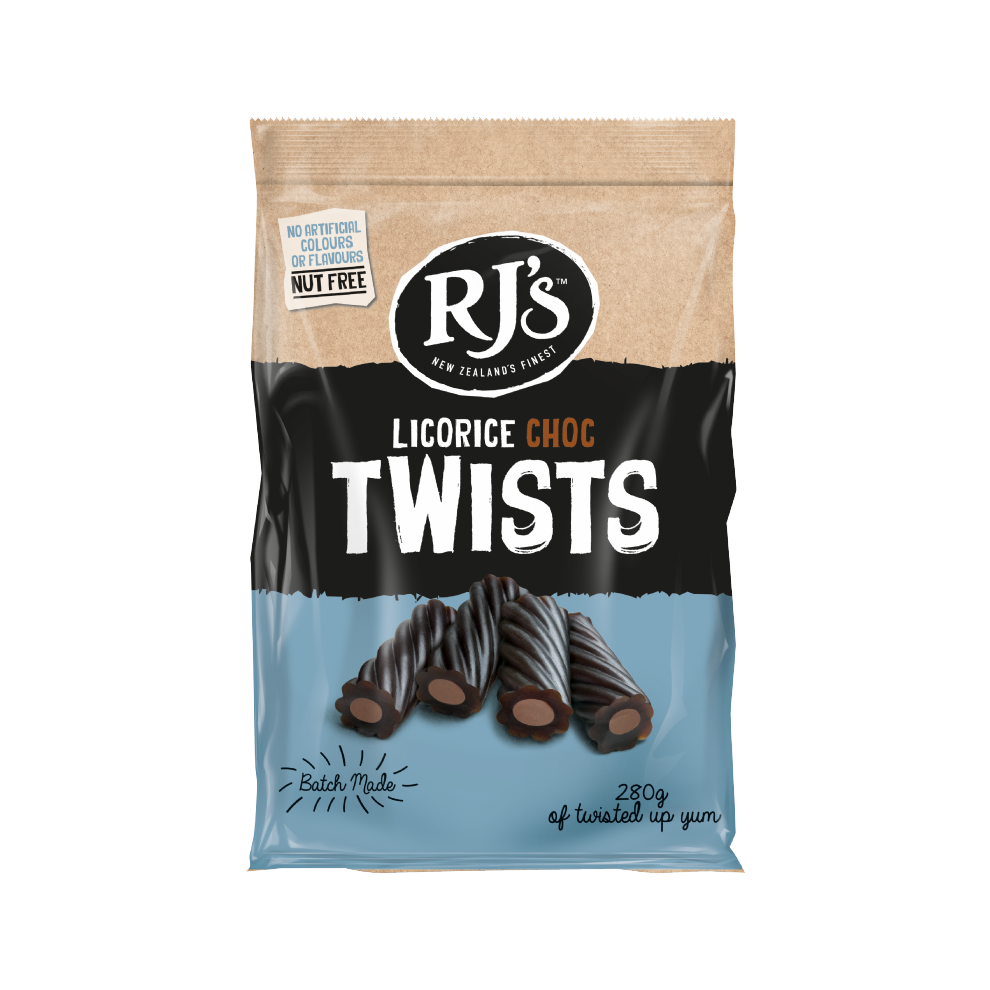 Rj's Licorice Choc Twists 280G (Pack Of 12)