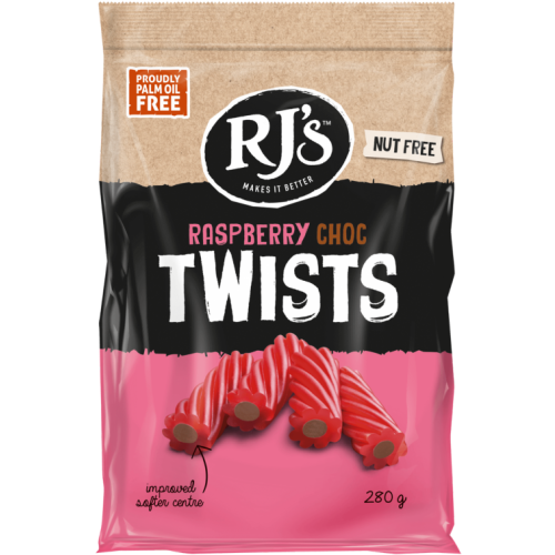 RJ'S Raspberry Licorice Choc Twists 280g (Pack of 12)