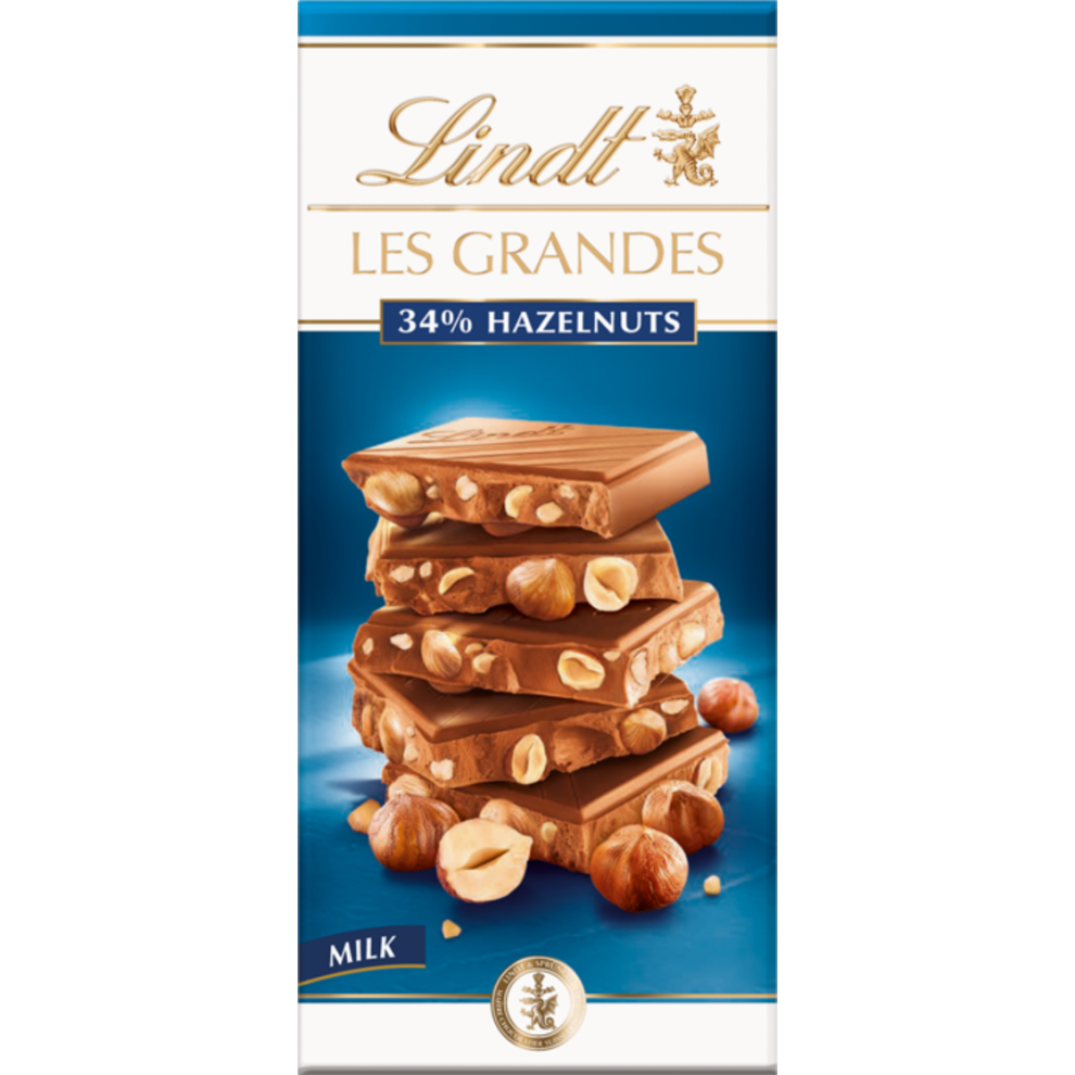 LINDT Les Grandes Milk Chocolate 34% Hazelnuts Bar 150g (Pack of 13)