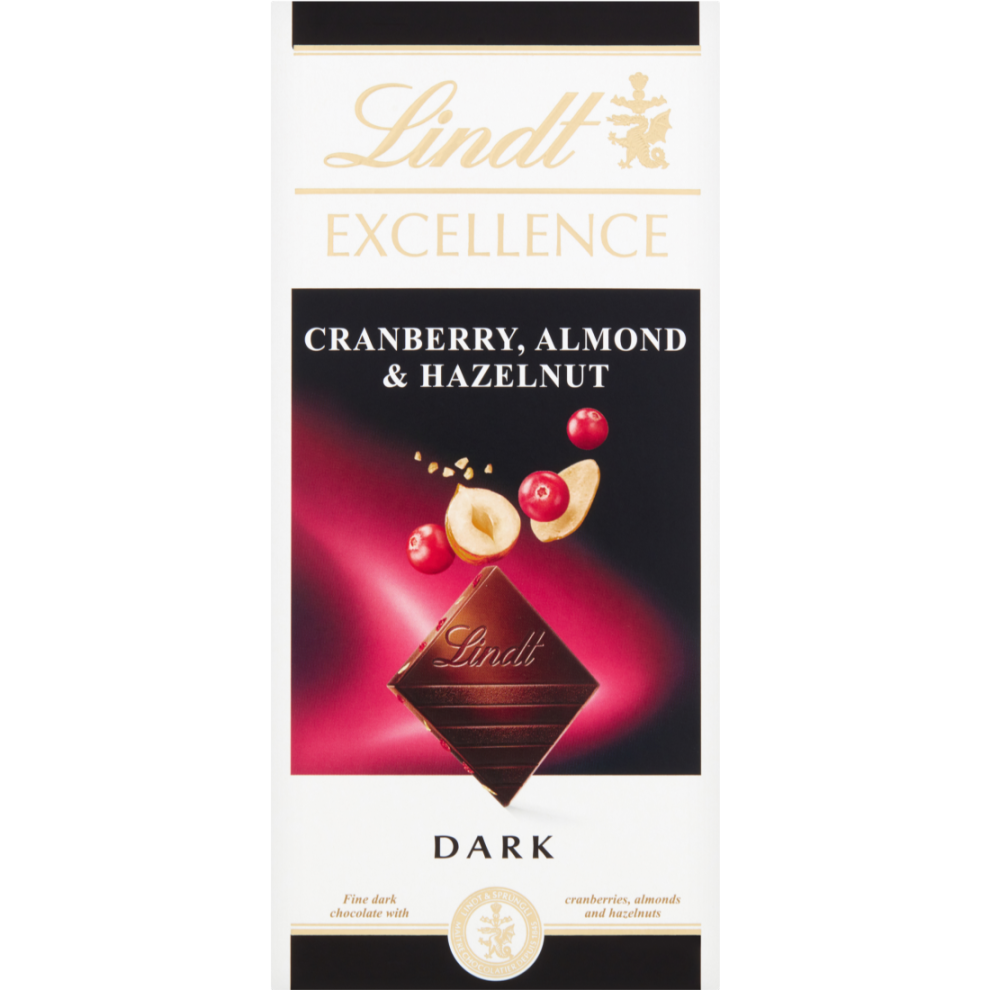 LINDT Excellence Dark Cranberry, Almond & Hazelnut Bar 100g (Pack of 20)