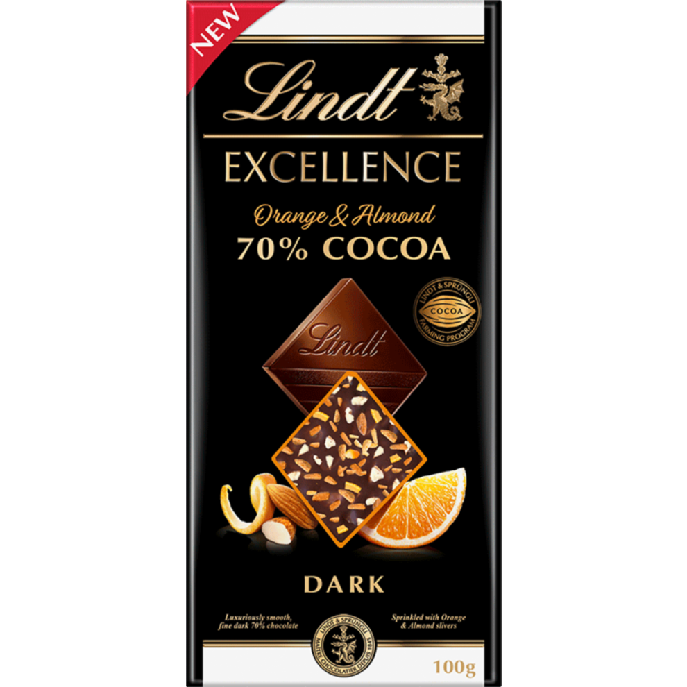 LINDT Excellence Dark 70% Cocoa Orange & Almond Bar 100g (Pack of 20)