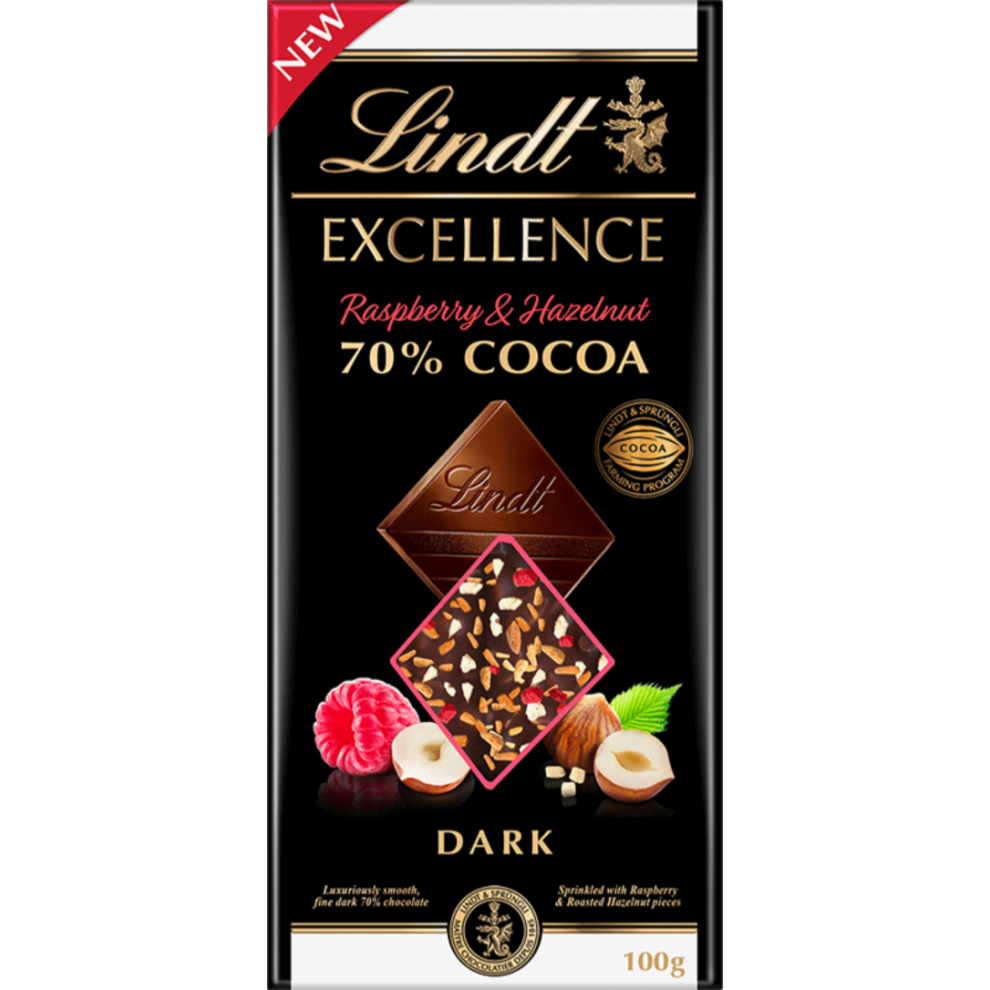 LINDT Excellence 70% Cocoa Raspberry & Hazelnut Bar 100g (Pack of 20)