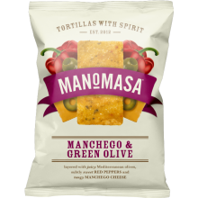 MANOMASA Manchego & Green Olive Corn Chips 140g (Pack of 12)