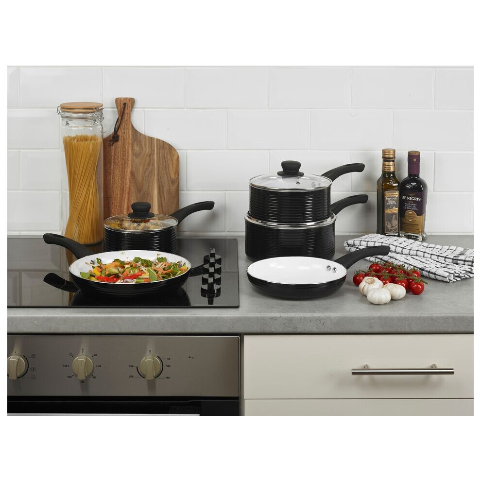 Urbn Living (Black) 8Pcs Ribbed Aluminium Induction Hob Cookware Set Saucepans Pots Lids Frying Pans Black