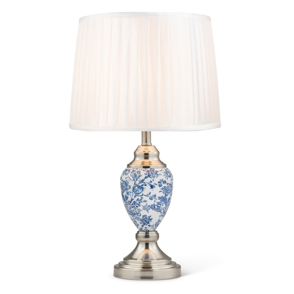 Malham Small Blue/White Printed Table Lamp with Ivory Pleated Shade