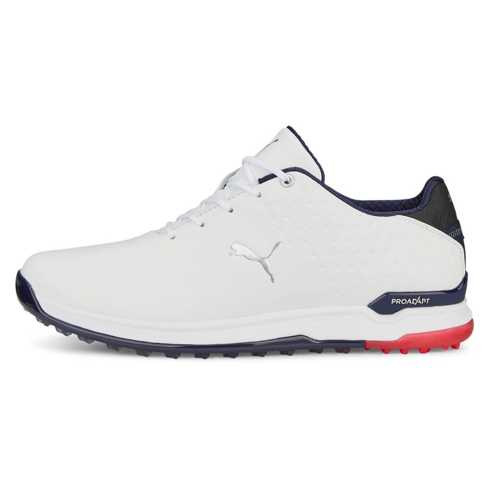 (UK 11, White/Navy/Red) Puma Golf Proadapt AlphaCat Leather Spikeless Cat Logo Golf Shoes