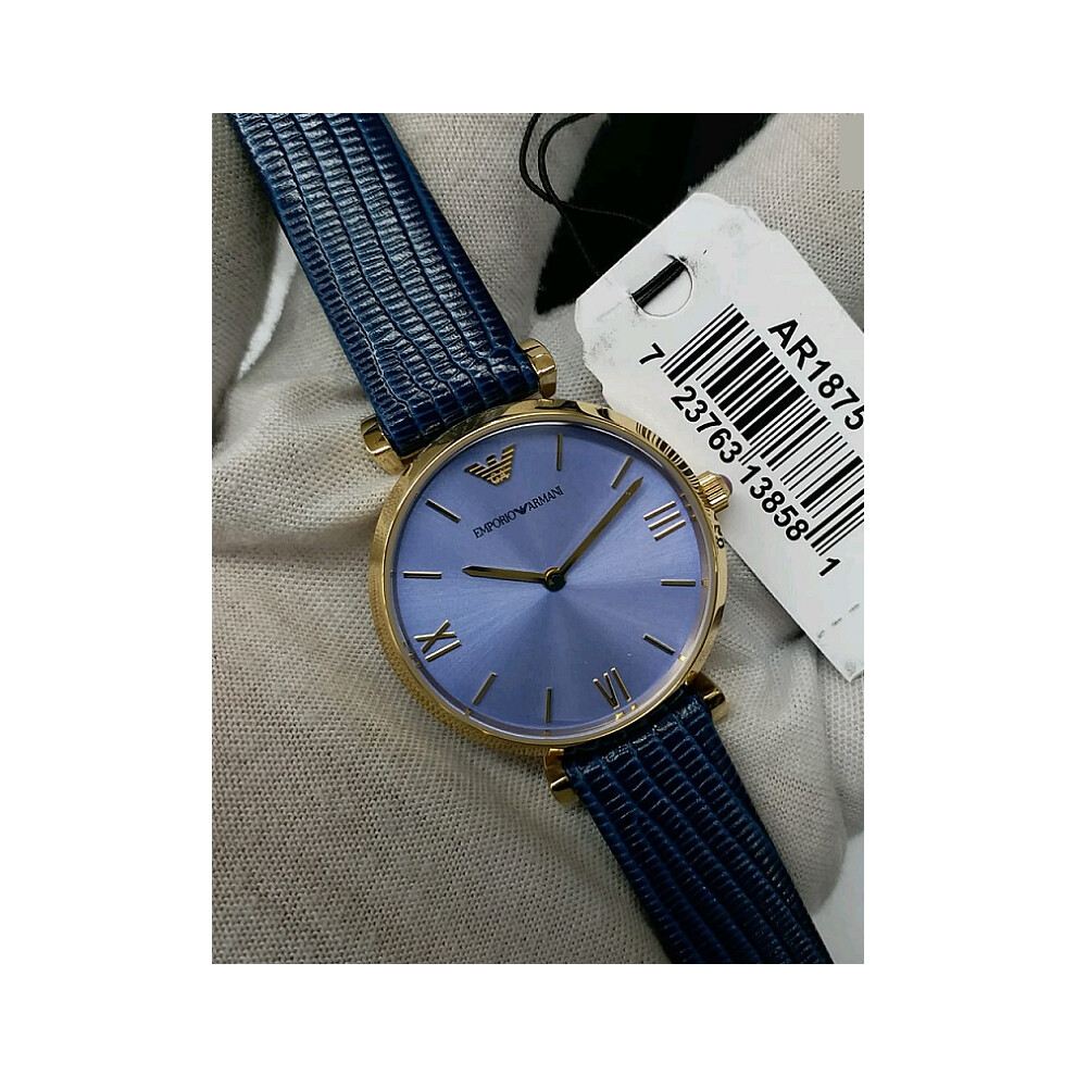 EMPORIO ARMANI WOMEN'S AR1875 BLUE STRAP PURPLE DIAL YELLOW GOLD CASE
