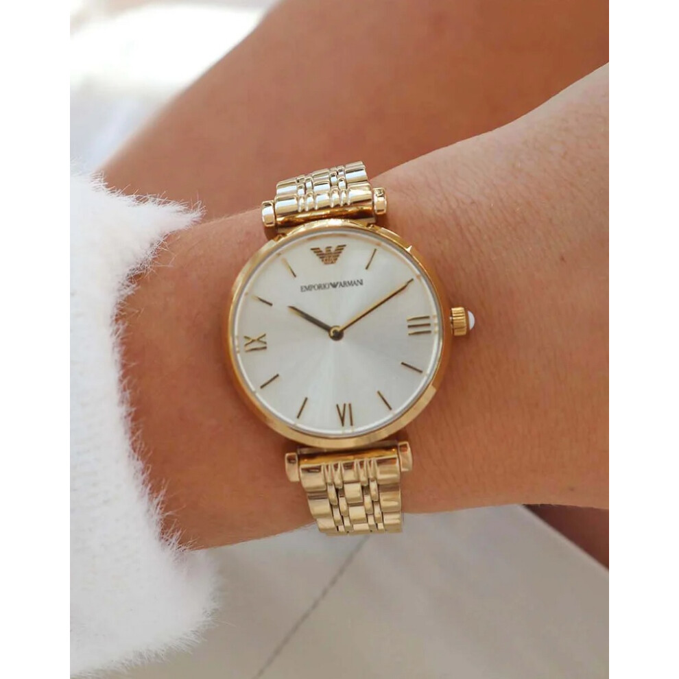 EMPORIO ARMANI WOMEN'S AR1877 YELLOW GOLD STRAP SILVER DIAL GOLD CASE
