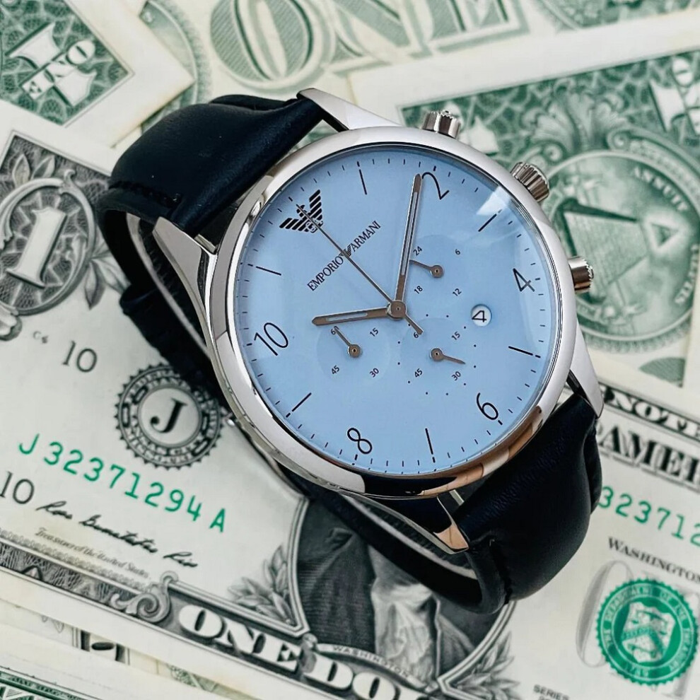 EMPORIO ARMANI MEN'S AR1889 BLUE STRAP LIGHT BLUE DIAL SILVER CASE