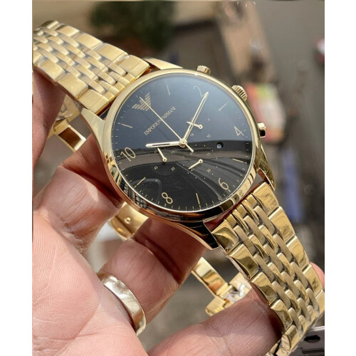 Emporio Armani AR1893 Men's Gold Tone Watch with Black Dial, Date ...