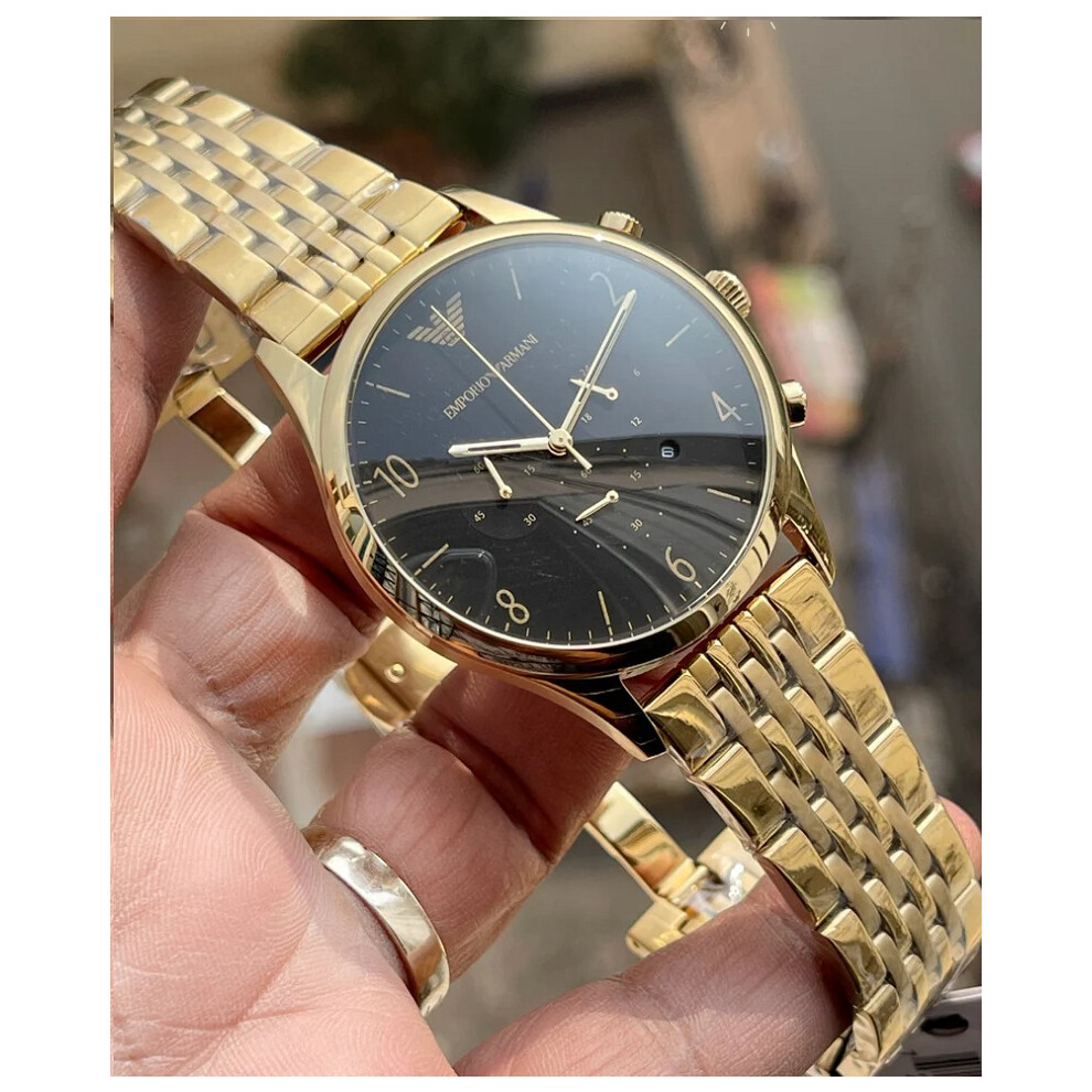 Emporio Armani AR1893 Men's Gold Tone Watch with Black Dial, Date ...