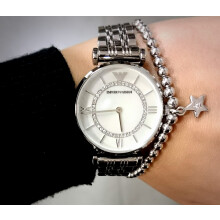 EMPORIO ARMANI WOMEN'S AR1908 SILVER BRACELET PEARL DIAL SILVER CASE