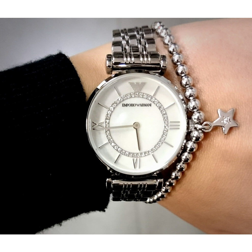 EMPORIO ARMANI WOMEN'S AR1908 SILVER BRACELET PEARL DIAL SILVER CASE