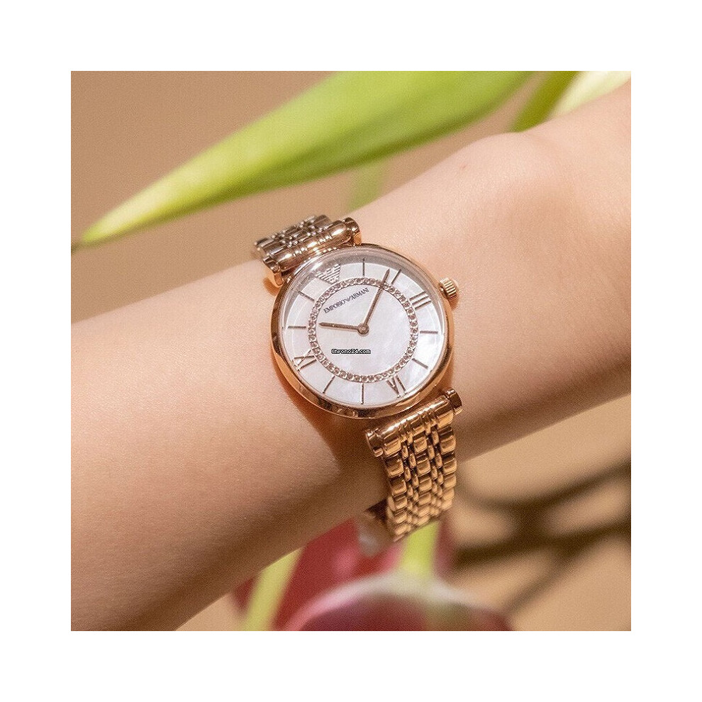 EMPORIO ARMANI WOMEN'S AR1909 ROSE GOLD TONE BRACELET PEARL DIAL