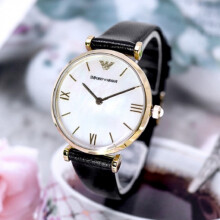 EMPORIO ARMANI WOMEN'S AR1910 BLACK STRAP PEARL DIAL YELLOW GOLD CASE