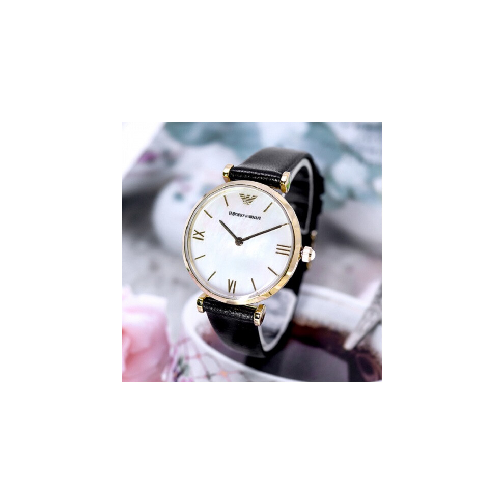 EMPORIO ARMANI WOMEN'S AR1910 BLACK STRAP PEARL DIAL YELLOW GOLD CASE