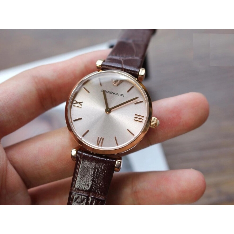 EMPORIO ARMANI WOMEN'S AR1911 BROWN STRAP PINK DIAL ROSE GOLD CASE