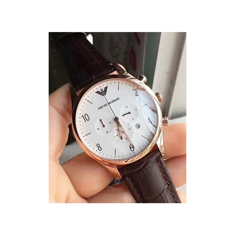 EMPORIO ARMANI MEN'S AR1916 BROWN STRAP WHITE DIAL ROSE GOLD CASE
