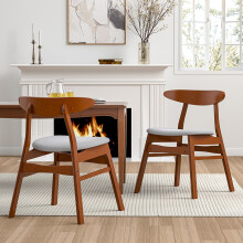 (Grey) Set of 2 Linen Upholstered Dining Chairs with Rubberwood Legs