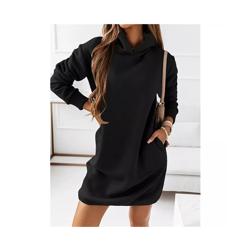 (Black, UK Size 16=Tag Size 2XL) Women Hoodies Dress Long Sleeve Short Mini Dresses Ladies Hooded Winter Casual-image-OPC-PF2V7Z8-NEW