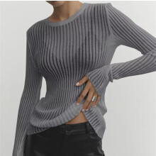 (Grey, 10) Women's Long Sleeve See Through Knitted Pullover Shirts Sexy Sweater Jumper Tops