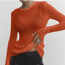 (Orange, 10) Women's Long Sleeve See Through Knitted Pullover Shirts Sexy Sweater Jumper Tops