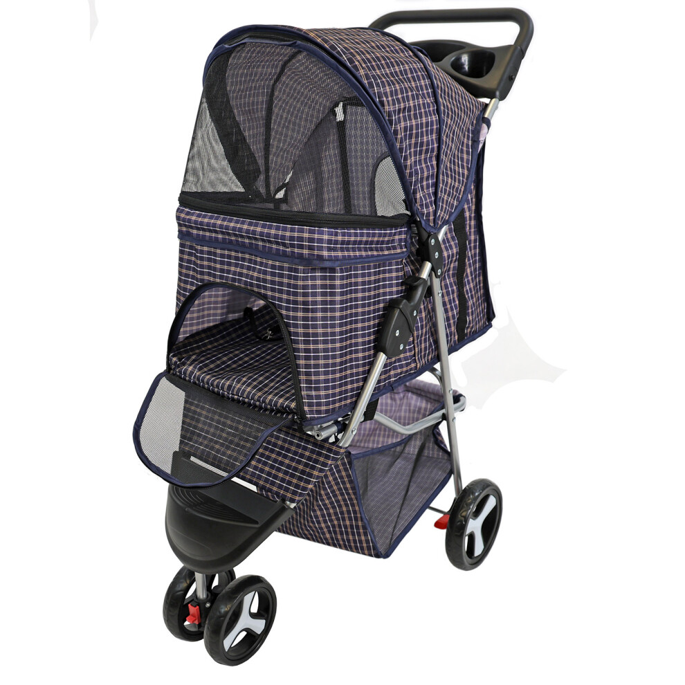 Actiaspet Pet Stroller Dog Cat Puppy Pushchair Tartan Blue