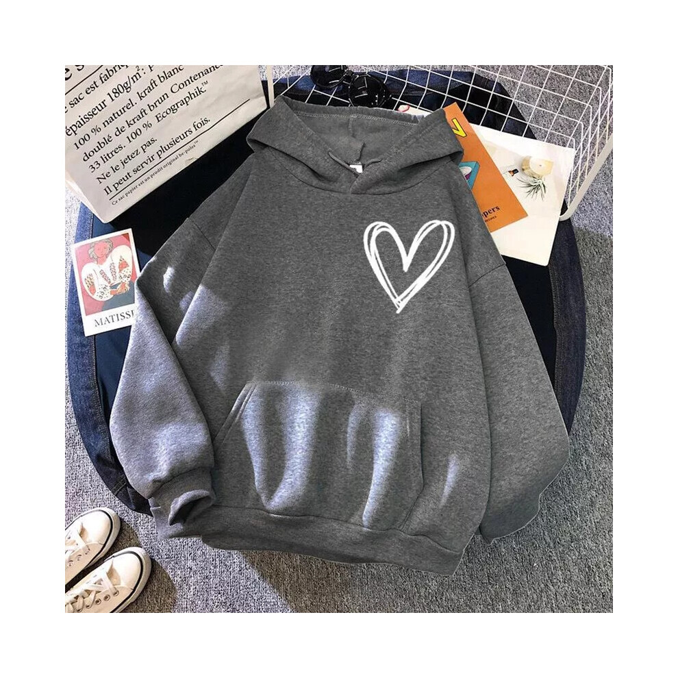 (Dark Grey, UK Size 10=Tag Size M) Womens Heart Print Hoodie Tops Ladies Casual Baggy Long Sleeve Hooded Sweatshirt