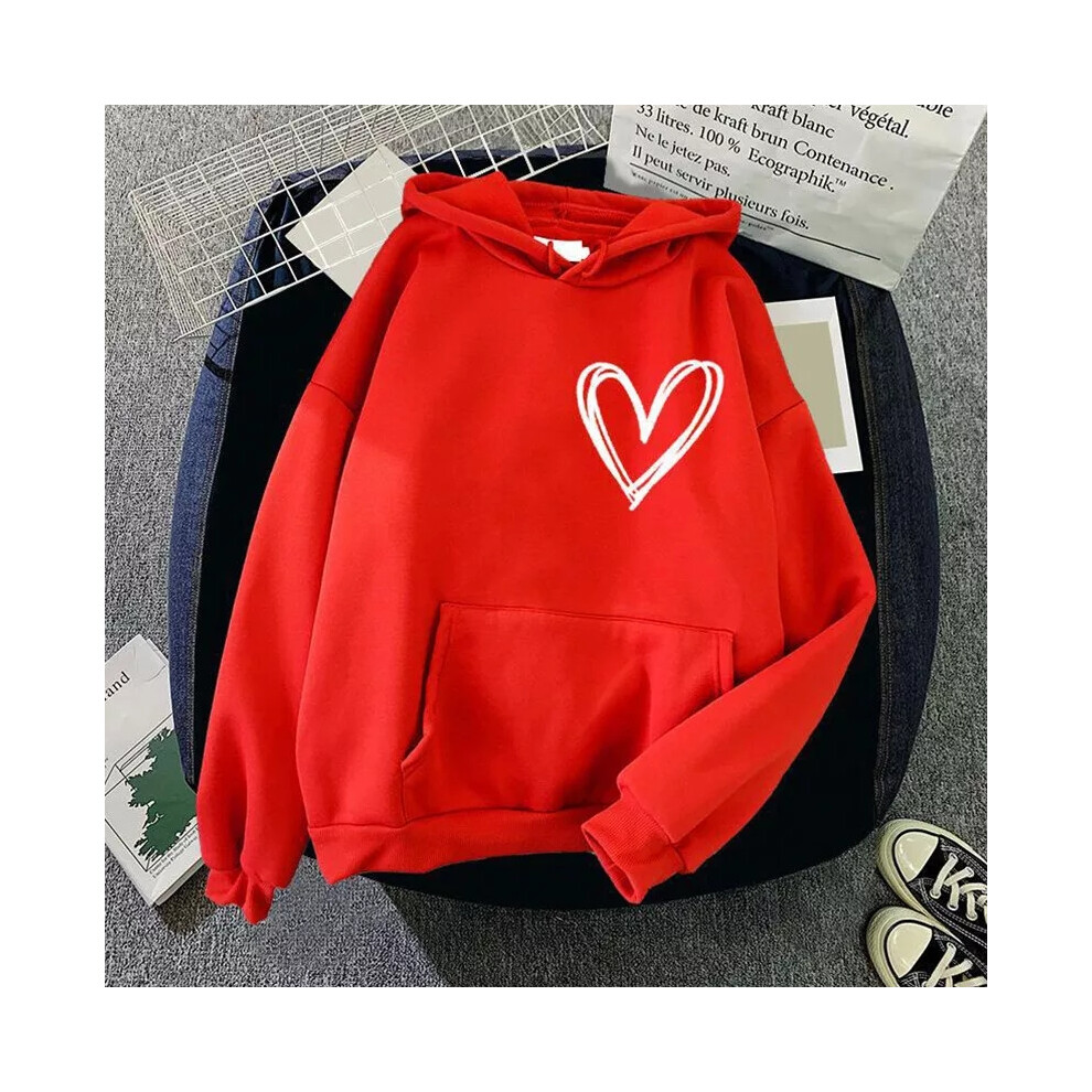 (Red, UK Size 14=Tag Size XL) Womens Heart Print Hoodie Tops Ladies Casual Baggy Long Sleeve Hooded Sweatshirt