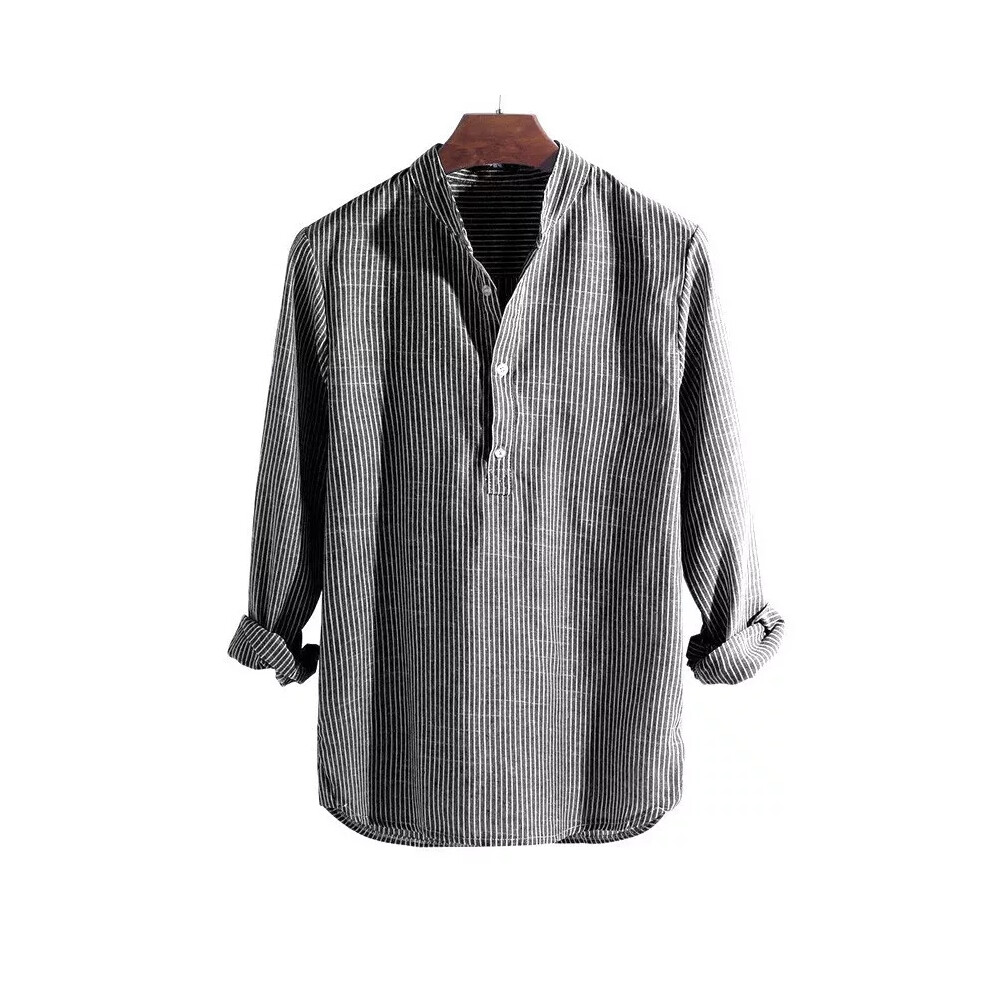 (Gray, 2XL) Mens Retro Collarless Grandad Striped Shirts Tops Causal Hippy Cotton Button Tee
