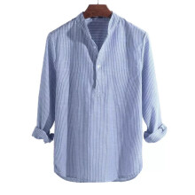(Light Blue, L) Mens Retro Collarless Grandad Striped Shirts Tops Causal Hippy Cotton Button Tee