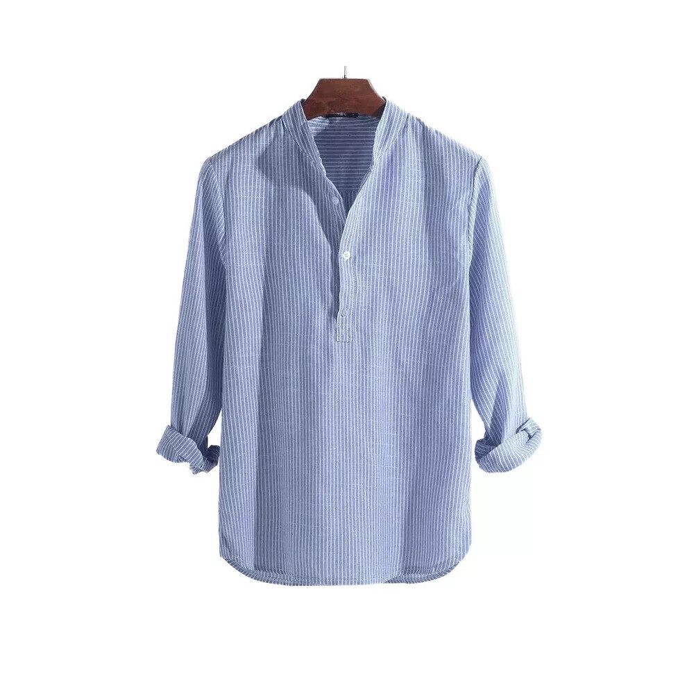 (Light Blue, L) Mens Retro Collarless Grandad Striped Shirts Tops Causal Hippy Cotton Button Tee