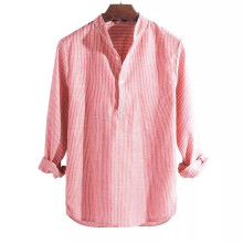 (Red, 5XL) Mens Retro Collarless Grandad Striped Shirts Tops Causal Hippy Cotton Button Tee