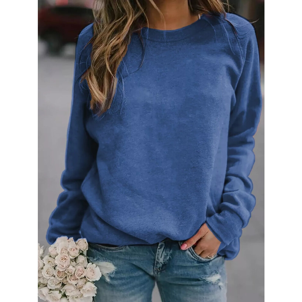 (Blue, UK 8-10 (Tag M/L)) Ladies Sweatshirt Crew Neck Pullover Women Casual Long Sleeve Winter Sweatshirts