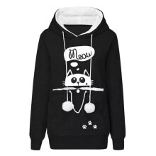 (Black, UK Size 18=Tag Size 3XL) Women Pet Pouch Hoodie Cat Print Holder Carrier Sweatshirt Ladies Long Sleeve