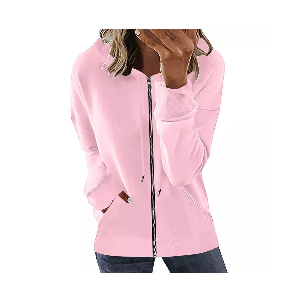 (Pink, S) Womens Long Sleeve Zip Up Hoodie Tops Ladies Casual Loose Hooded Sweatshirt Coat