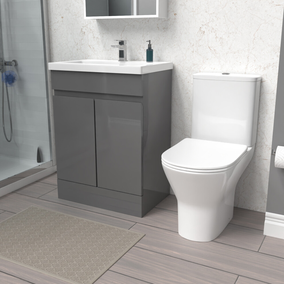 Nes Home 600mm Steel Grey Basin Vanity Unit & Rimless Close Coupled Toilet