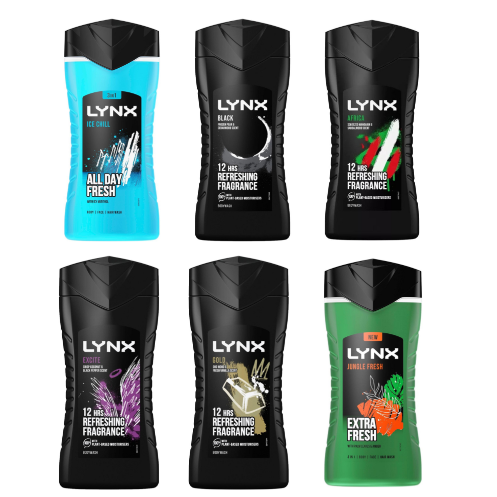 6 x 225ml MIX Lynx 12-H Refreshing Fragrance Shower Gel Body Wash For Men