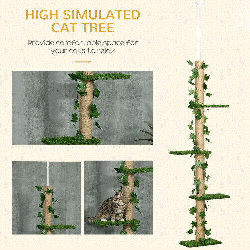 PawHut PawHut 242cm Floor to Ceiling Cat Tree with Leaves Scratching Post, Green 2
