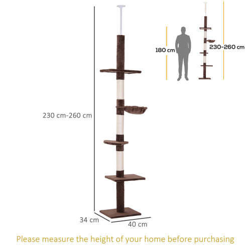 PawHut PawHut Floor to Ceiling Cat Tree 5-Tier Climbing Tower Scratching Post Brown 1