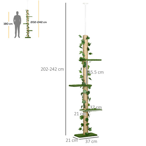 PawHut PawHut 242cm Floor to Ceiling Cat Tree with Leaves Scratching Post, Green 1