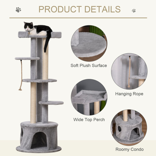 PawHut PawHut Multi-level Cat Tree Tower with Condo Scratching Post, 150cm, Grey 2