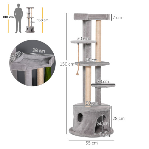 PawHut PawHut Multi-level Cat Tree Tower with Condo Scratching Post, 150cm, Grey 1