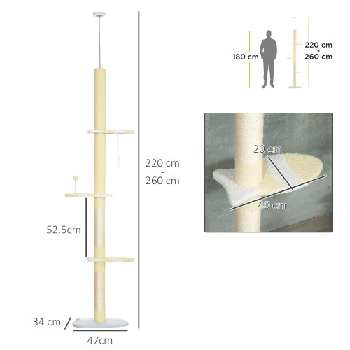 PawHut PawHut 220-260cm Kitten Tower, Multi-Layer Floor to Ceiling Cat Tree, Yellow 1