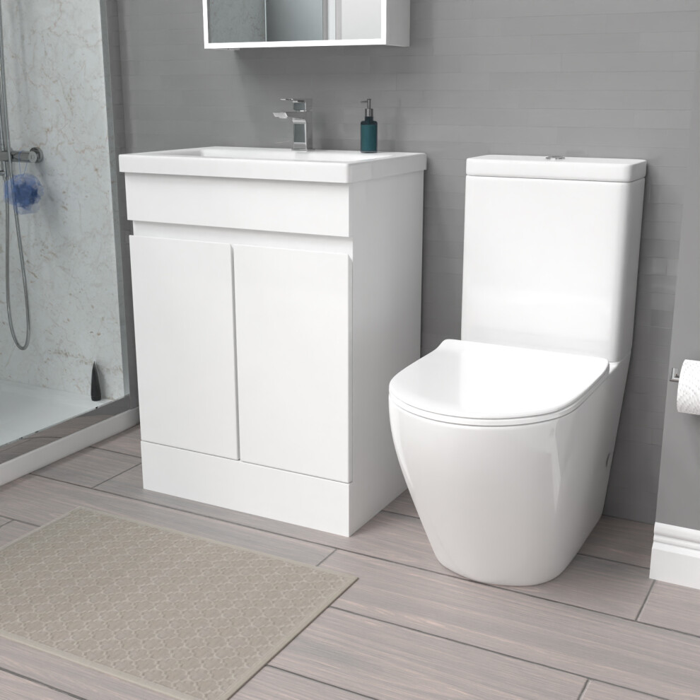 Nes Home 600mm White Gloss Basin Vanity & Close Coupled Toilet Set