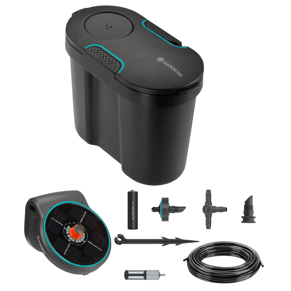 Gardena Solar-Powered Aquabloom Irrigation Set With Water Tank: Solar-Powered Irrigation Set For Up To 20 Potted Plants, Control Unit Grey/Black/Silver