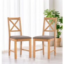 Hallowood Furniture Solid Oak Small Dining Chairs Set of 2 with Linen Fabric Seat Pad, Modern Cross Back Dining Chairs, Kitchen Chairs